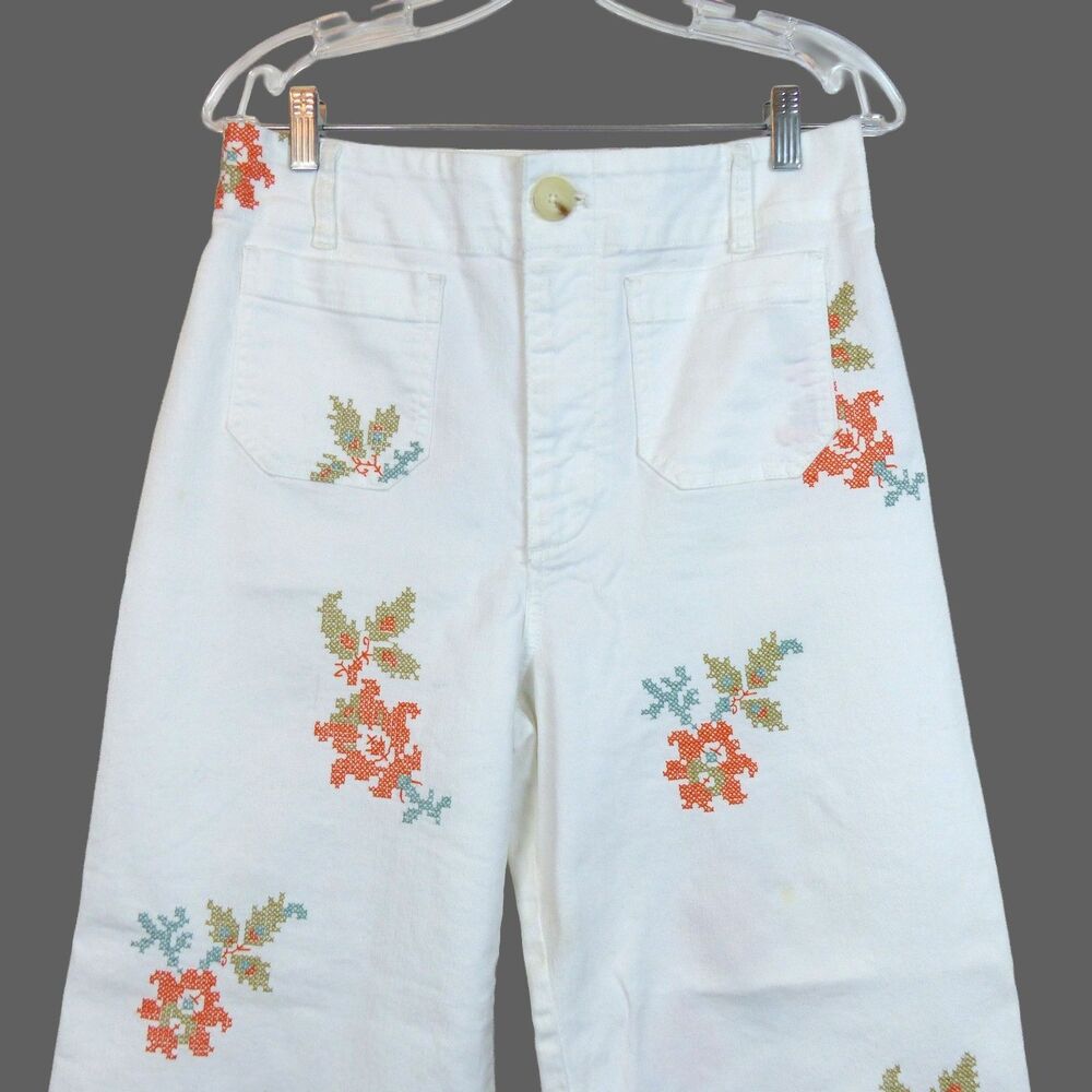 Maeve Anthropologie Colette Jeans 30 White Floral Embroidered Crop Wide Leg Boho - Picture 6 of 16